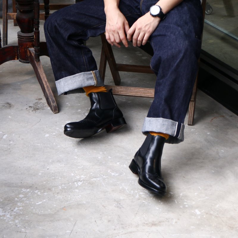Goodyear-Welted 手工固特異布洛克切爾西靴 經典雕花松緊帶款 - 男靴/短靴 - 真皮 黑色