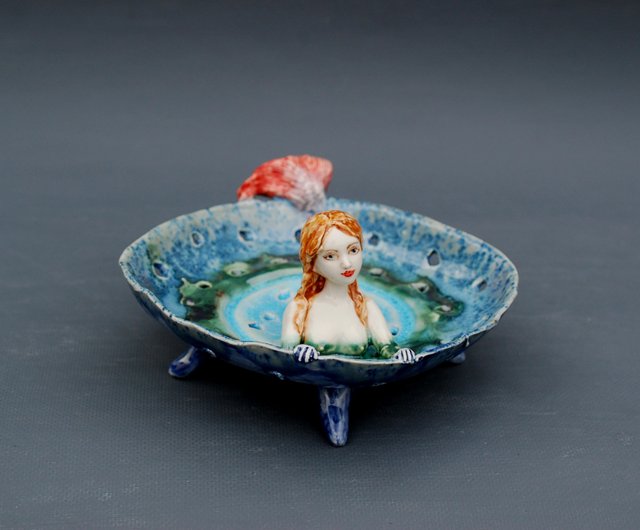 セラミックベリーボウルマーメイド置物青い花瓶穴あきキャンディー