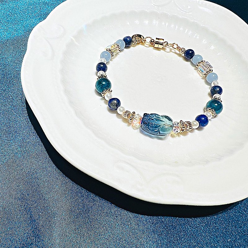 Customized life number energy bracelet Stone Pixiu aquamarine Stone lapis lazuli - Bracelets - Crystal Blue
