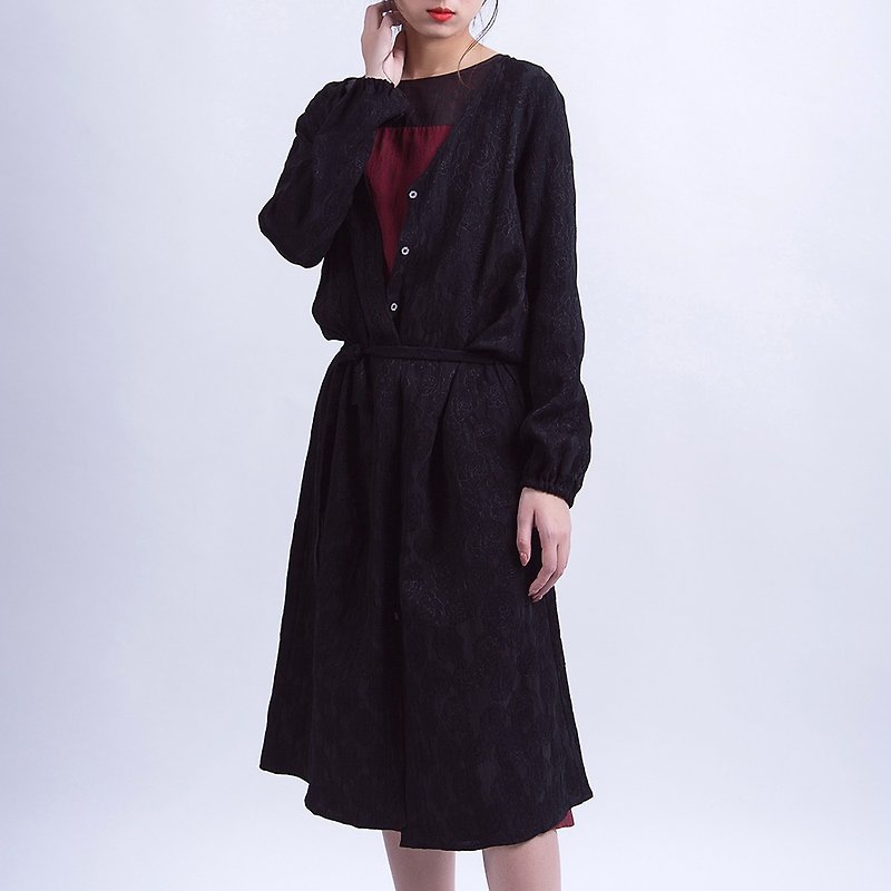Black jacquard cardigan long coat - เสื้อแจ็คเก็ต - ผ้าฝ้าย/ผ้าลินิน สีดำ