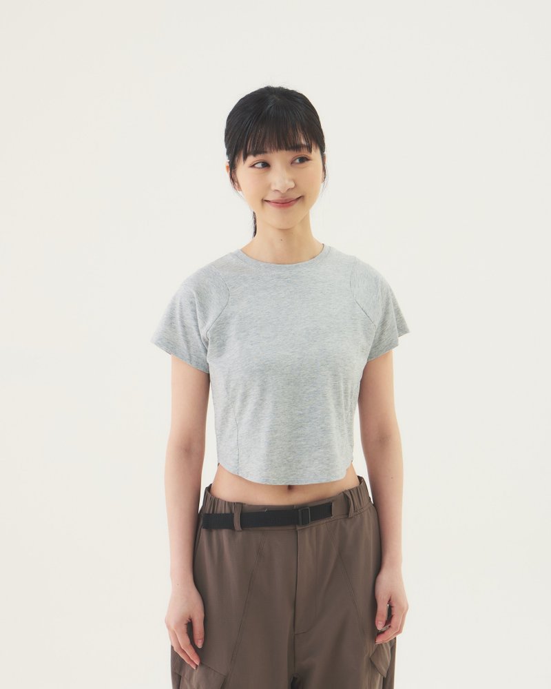 圓擺剪接短Tee (灰) - 女 T 恤 - 棉．麻 灰色