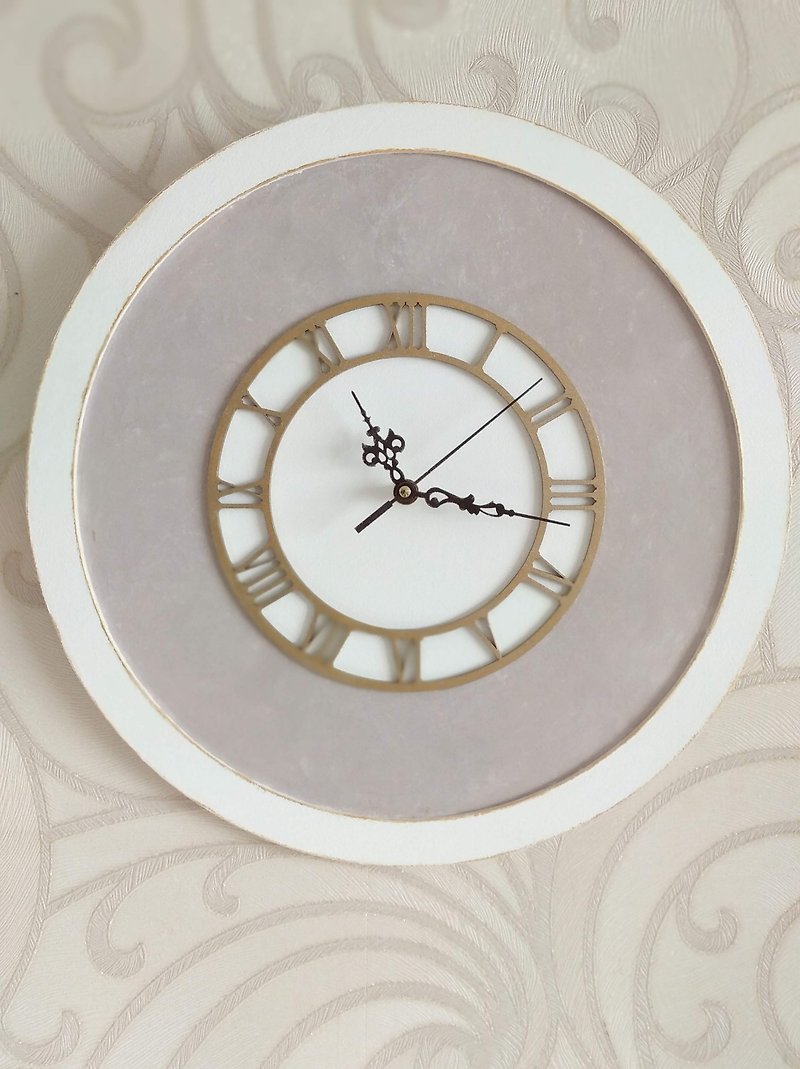 掛鐘 Wall clock White and gray round wall clock with gold dial Silent clock Gift - 時鐘/鬧鐘 - 木頭 白色