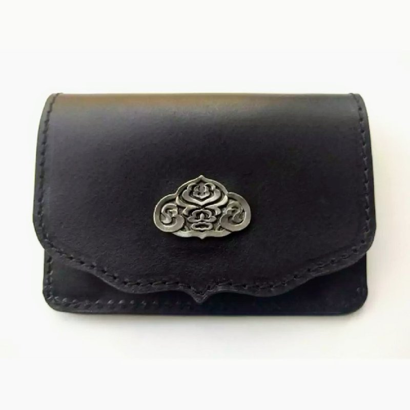 真皮多功能名片 信用卡 零錢袋 復古祥雲 雲端鐵牌 風琴側片設計 - 卡片套/卡片盒 - 真皮 黑色