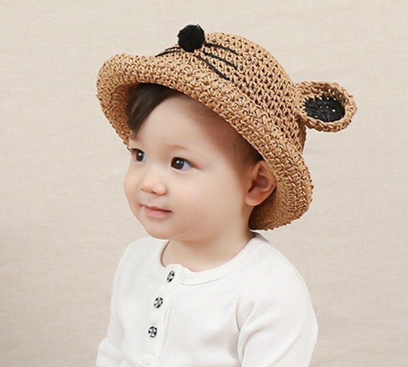 Korea Happy Prince Lemming Baby Kitty Sunshade Straw Hat-Brown - หมวกเด็ก - กระดาษ สีนำ้ตาล