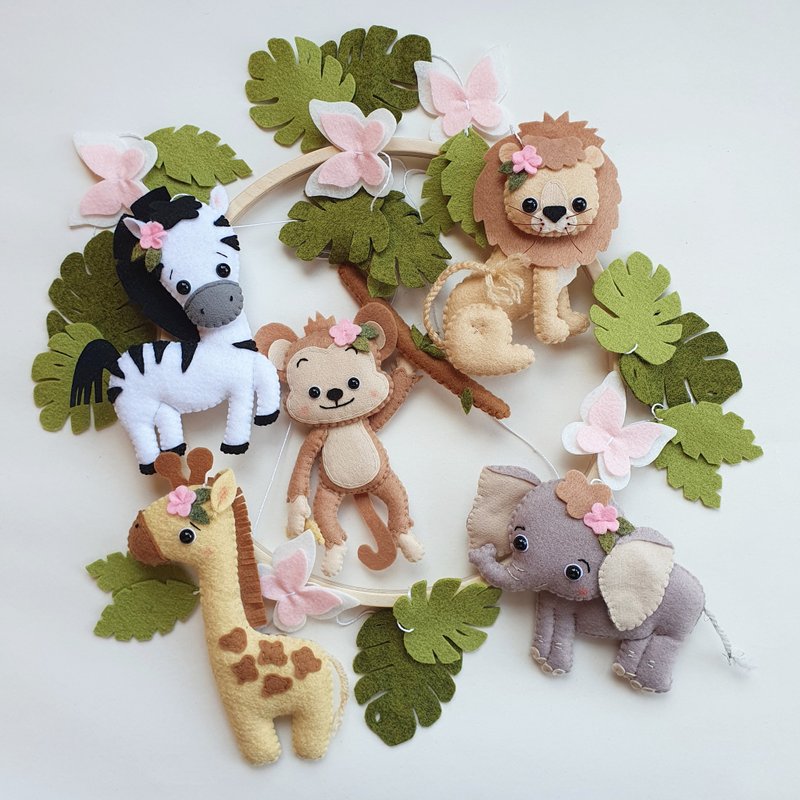 Safari mobile, Jungle mobile, elephant mobile, jungle animal, safari baby shower - 滿月禮物 - 環保材質 