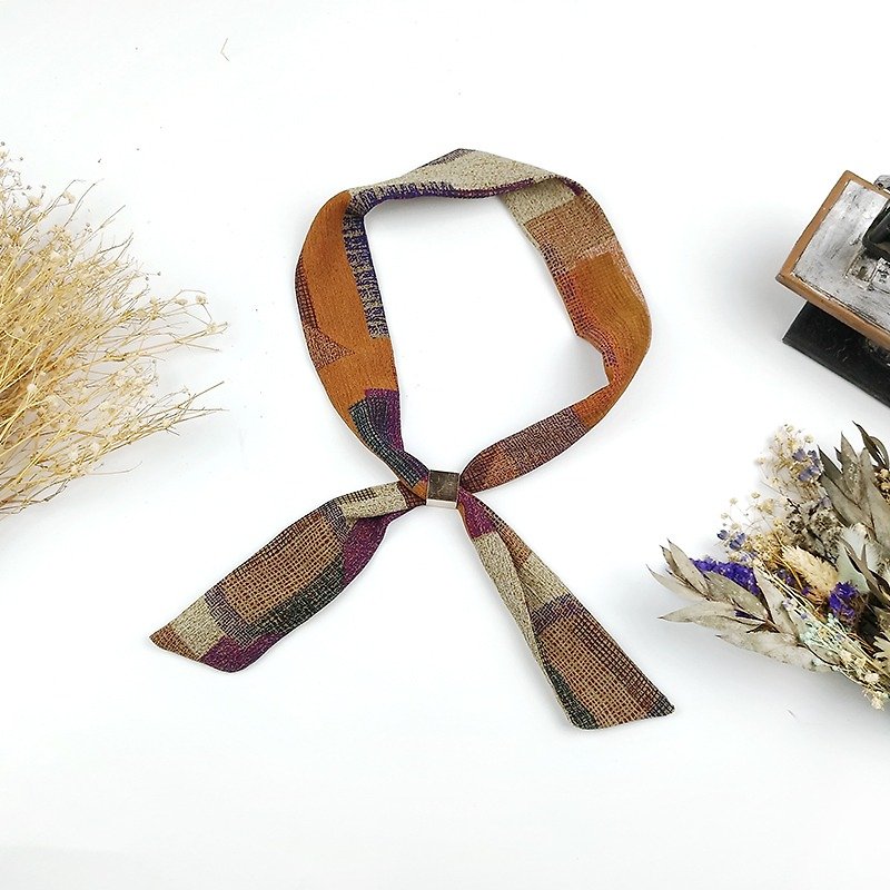 Small Cow Village Handmade Small Scarf Hairband Light Silk Scarf Retro Earth Color [Autumn Woods] A-427 - Scarves - Silk Brown
