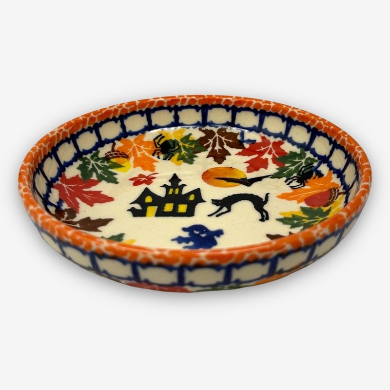 Polish hand-painted pottery - deep round dish 13cm Pumpkin Halloween series designer model - Plates & Trays - Pottery Orange