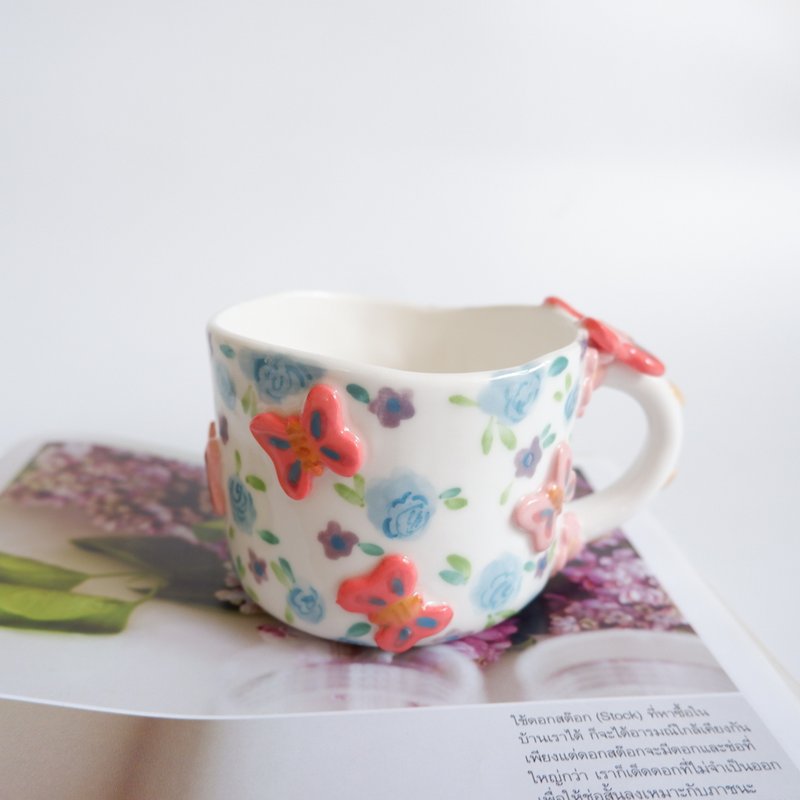 Hand built ceramic cup | blue rose1| ceramic handmade - แก้วมัค/แก้วกาแฟ - ดินเผา หลากหลายสี