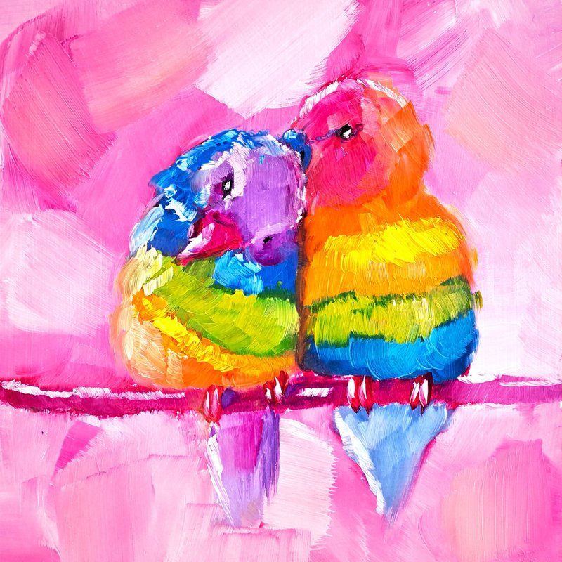 Parrot Painting Couple Original Art Bird Oil Painting Parrots Wall Art - 海報/掛畫/掛布 - 其他材質 多色