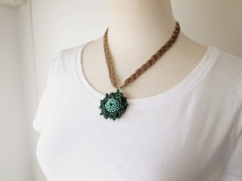 Irish Crochet Lace Jewelry (Camellia 4-c), Beaded Necklace,Fiber Art Necklace - Necklaces - Cotton & Hemp Multicolor
