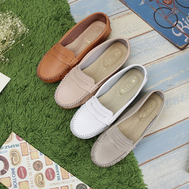 Classic Comfortable Leather Peas Shoes 1DR35 - รองเท้าบัลเลต์ - หนังแท้ ขาว