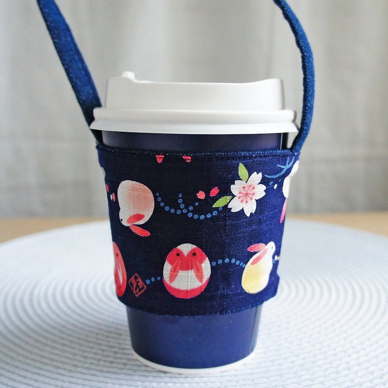 Lovely【Japanese cloth】Moon rabbit beverage cup bag, bag, eco-friendly cup holder, navy blue E - Beverage Holders & Bags - Cotton & Hemp Blue