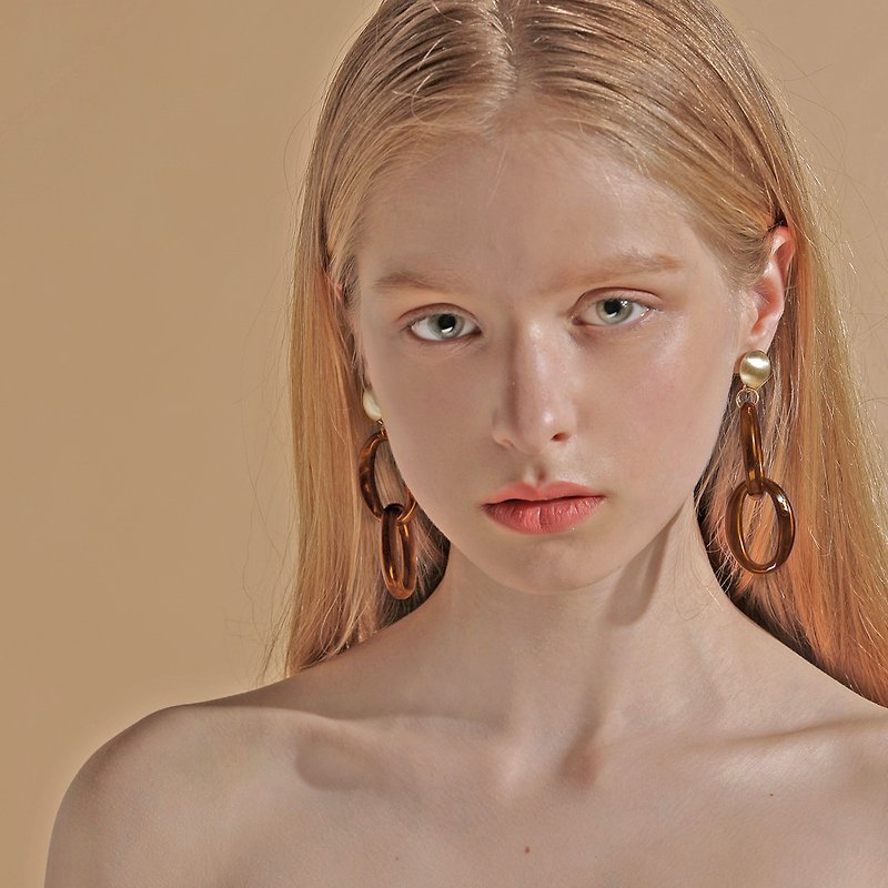 Brown Marble Link Earrings ／Ear Clips - Earrings & Clip-ons - Acrylic Orange