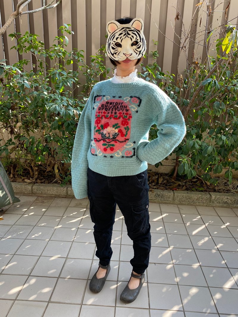 童趣花籃刺繡編織古著毛衣 - 女毛衣/針織衫 - 羊毛 藍色