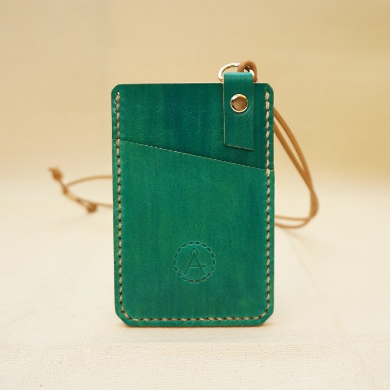 Hand-dyed leather travel card sets of documents folder - cyan - ที่ใส่บัตรคล้องคอ - หนังแท้ สีเขียว