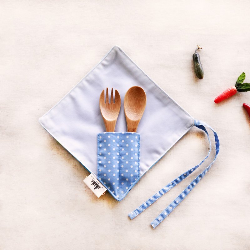 【一角簡易筷套組】- 沁涼蛙鳴 - 綿質 可愛 環保 - 刀/叉/湯匙/餐具組 - 棉．麻 藍色