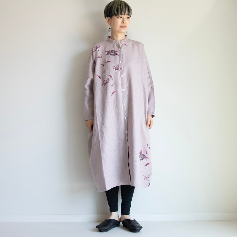 スタンドカラーシャツドレス/くすみピンク　更紗・牡丹 - 洋裝/連身裙 - 棉．麻 粉紅色