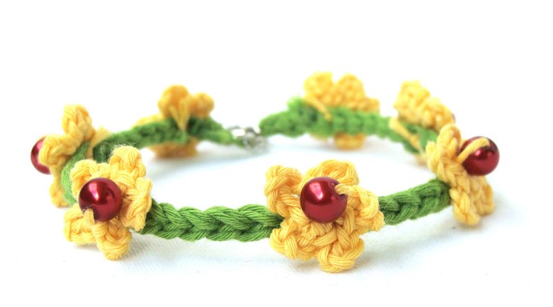 Crochet anklet bracelet summer flowers, barefoot fiber jewelry, foot bracelet - 手鍊/手環 - 棉．麻 綠色