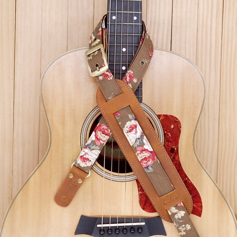 Brown Fabric Flower - Vintage Guitar Strap - กีตาร์เครื่องดนตรี - หนังแท้ สีนำ้ตาล