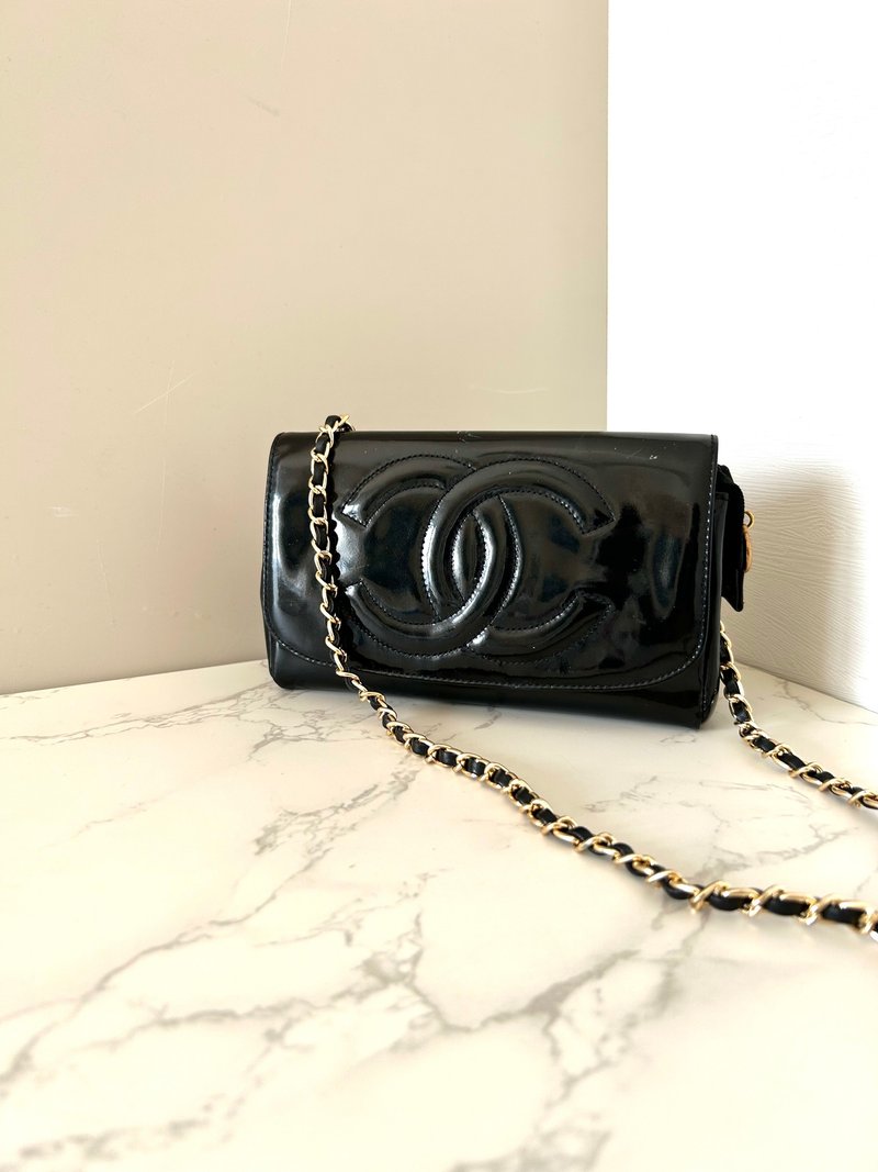 Chanel 黑色漆皮皮革連鏡子斜背包 單肩包 側背包 中古包 古董包 - 側背包/斜背包 - 真皮 黑色