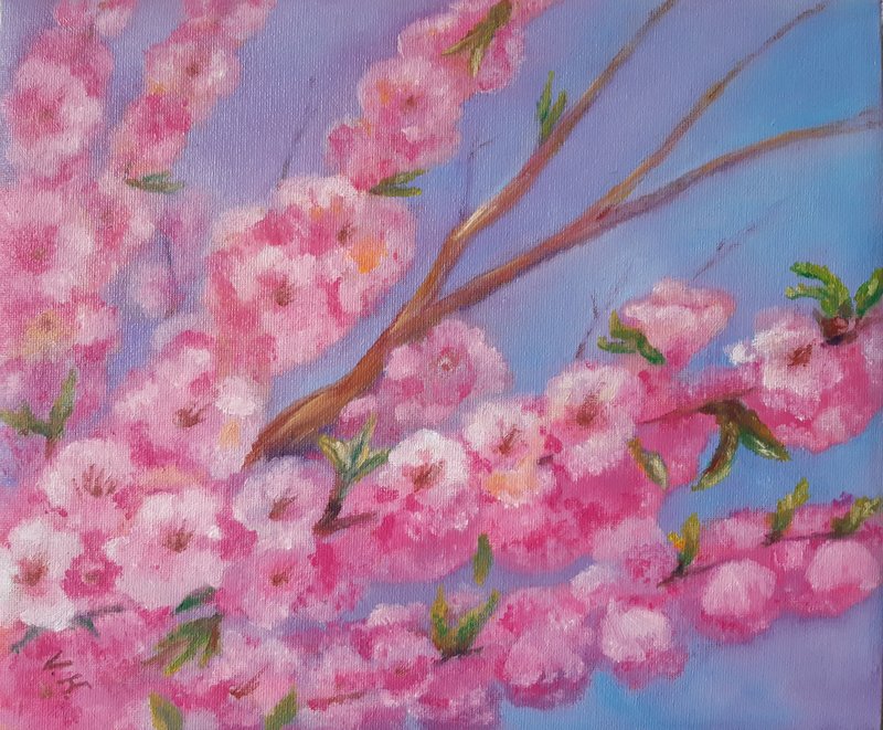 Original oil painting, canvas, Spring flowers - ตกแต่งผนัง - วัสดุอื่นๆ สึชมพู