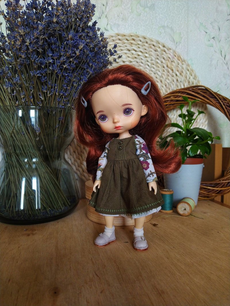 Casual dress for a little beauty. For 9-10 inch dolls Monst Xaiomi Blythe Holola - ของเล่นเด็ก - ผ้าฝ้าย/ผ้าลินิน สีเขียว