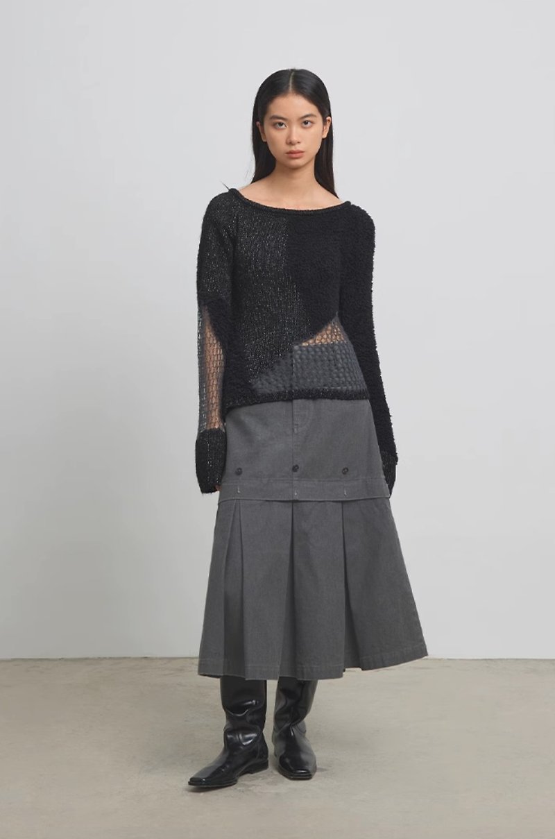 Hollow Out Sweaters mesh patchwork woven one-shoulder hollow sweater - สเวตเตอร์ผู้หญิง - วัสดุอื่นๆ สีดำ
