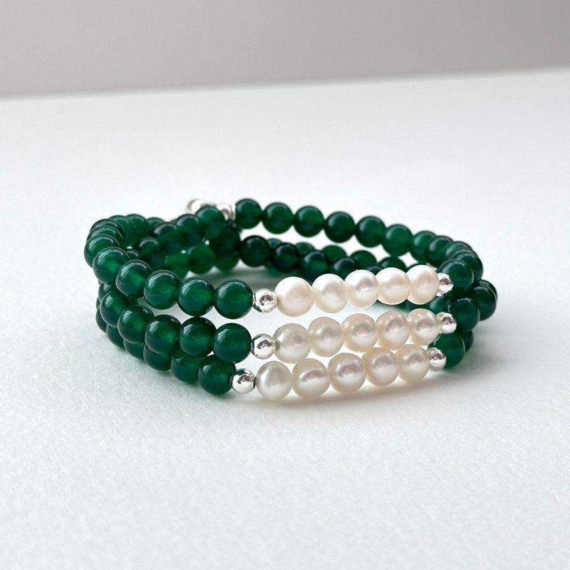 [Three Rings• Forest Guardian] Green Agate | Freshwater Pearl | Gold-plated three-circle thin bracelet - สร้อยข้อมือ - เครื่องประดับพลอย สีเขียว