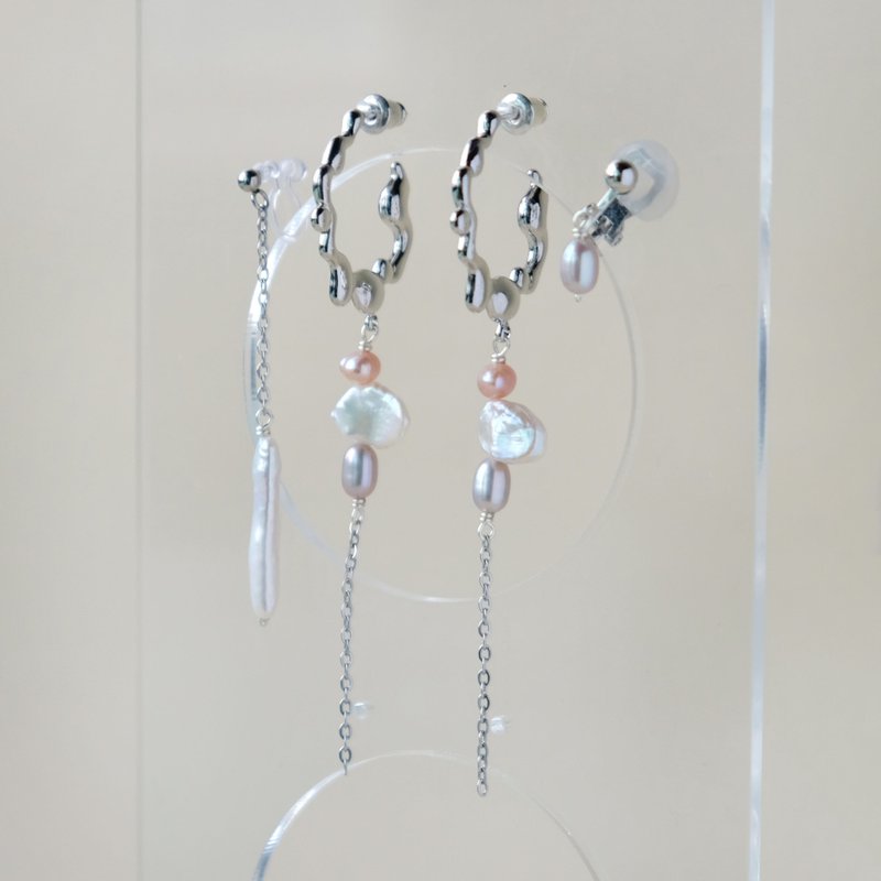 銀灰色 粉紫色 不規則的巴洛克淡水珍珠 4件套 耳環 E357 - 耳環/耳夾/耳骨夾 - 珍珠 白色
