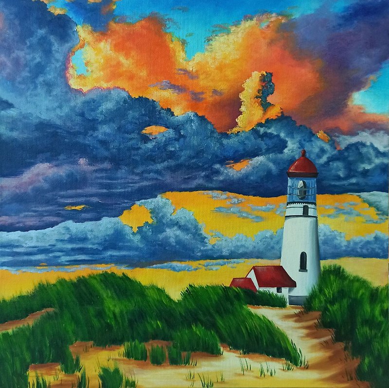 Seascape Oil Painting Lighthouse On Beach Sunset Original Wall Art - โปสเตอร์ - ผ้าฝ้าย/ผ้าลินิน หลากหลายสี