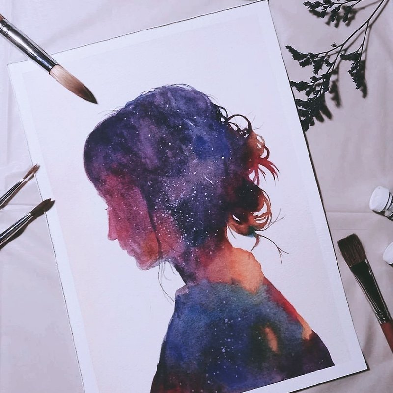 One person in a group/Fantasy Starry Sky Silhouette Watercolor Painting Test/Two Works/Beginners Available - Illustration, Painting & Calligraphy - Paper 