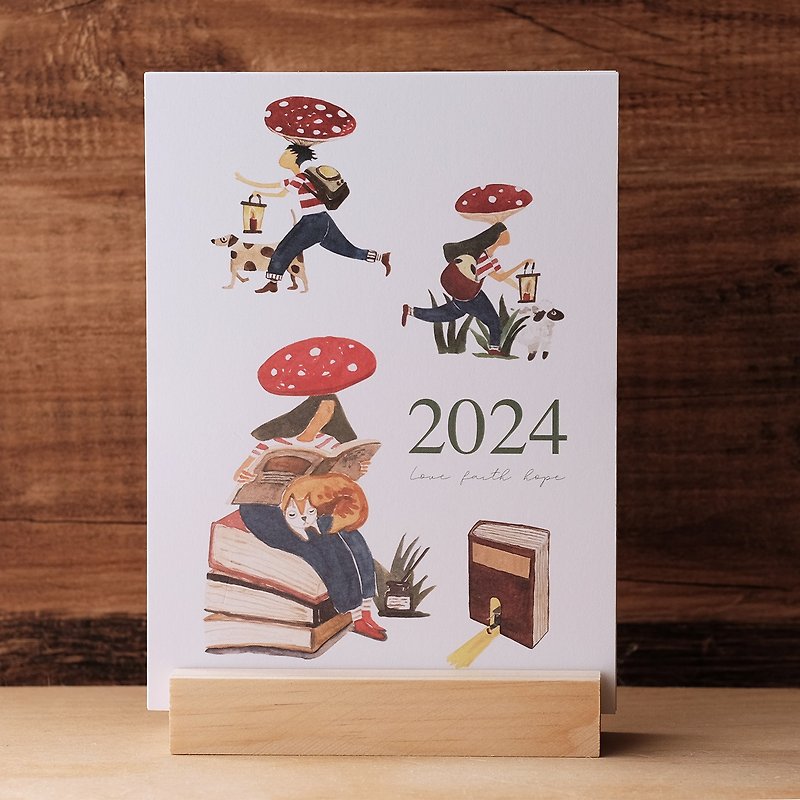 2024 Illustrated Postcard Wooden Table Calendar - Calendars - Paper Multicolor