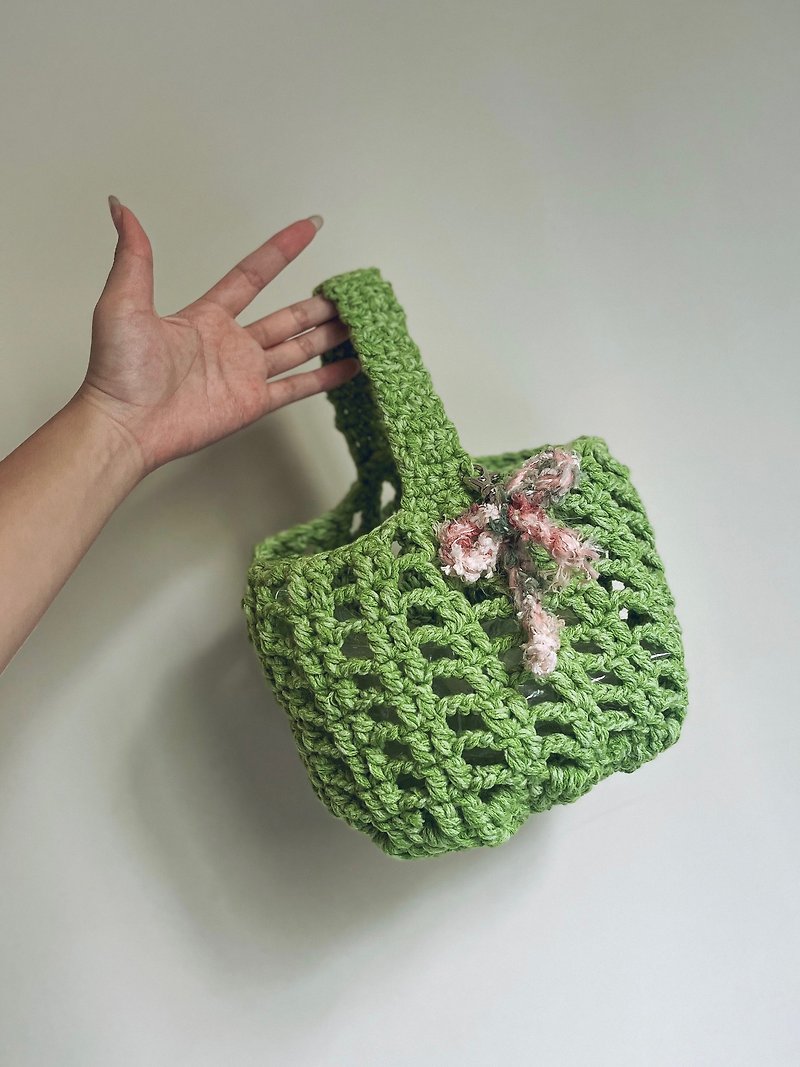 Woven bag-basil green double line mesh bag without charms - กระเป๋าถือ - ผ้าฝ้าย/ผ้าลินิน 
