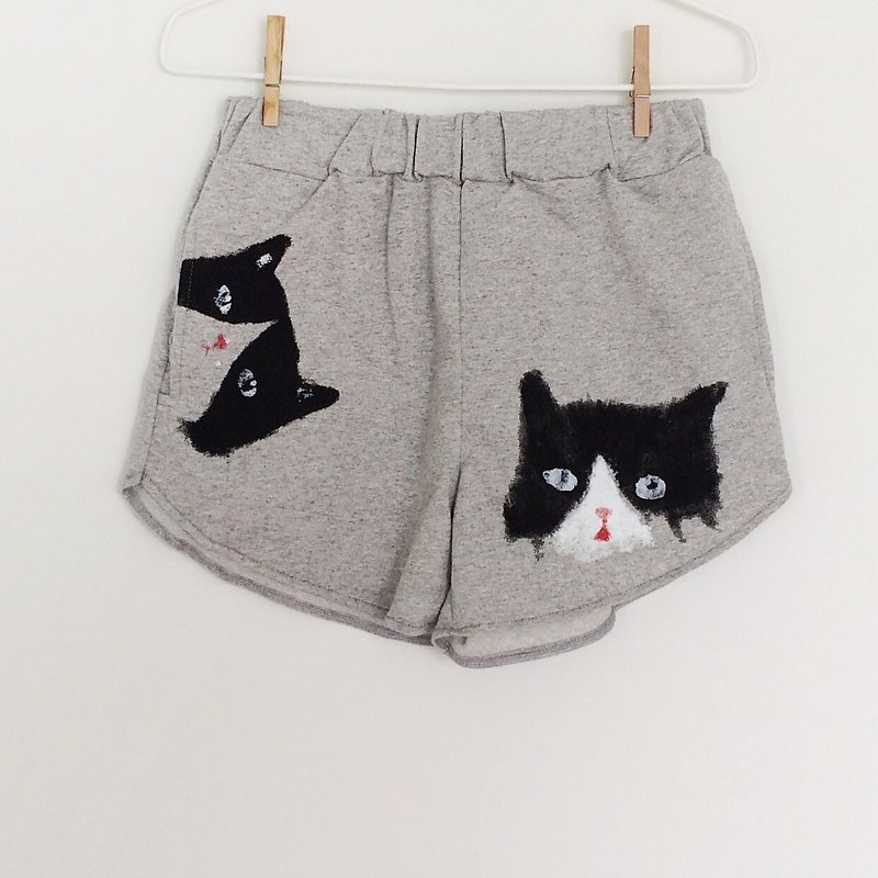 cat cat cat shorts - กางเกงขาสั้น - ผ้าฝ้าย/ผ้าลินิน สีเทา
