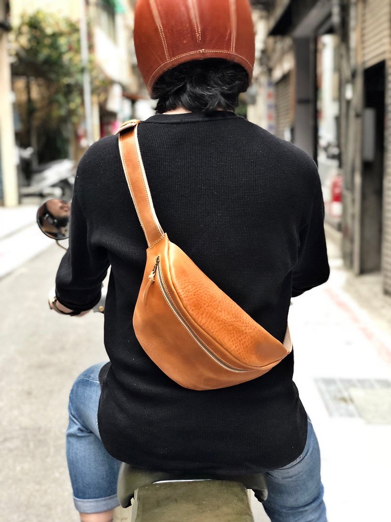 Soft cow leather custom chest bag / sports, commuter favorite Color: caramel, dark blue - Messenger Bags & Sling Bags - Genuine Leather Brown