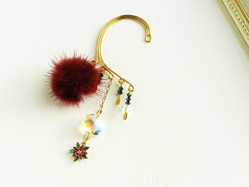 Poinsettia and fake fur ear hook - Earrings & Clip-ons - Glass Red