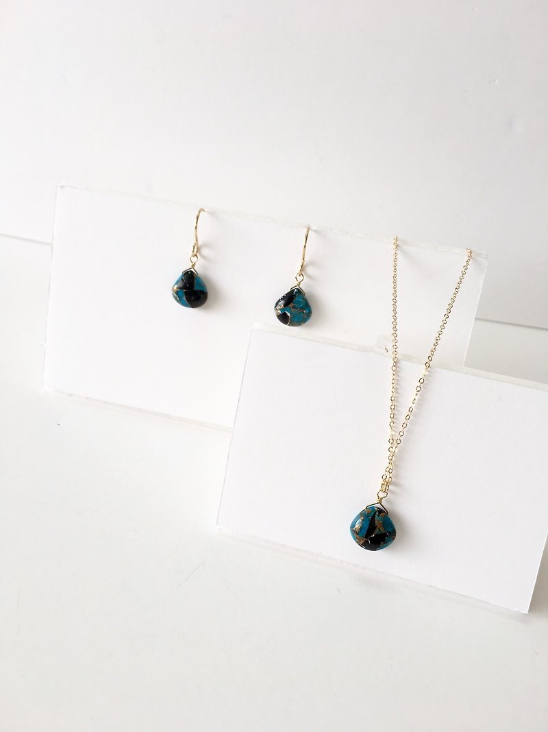 【imperfect product】Blue copper obsidian set-up, 14kgf, necklace, hook-earring - 耳環/耳夾 - 石頭 藍色