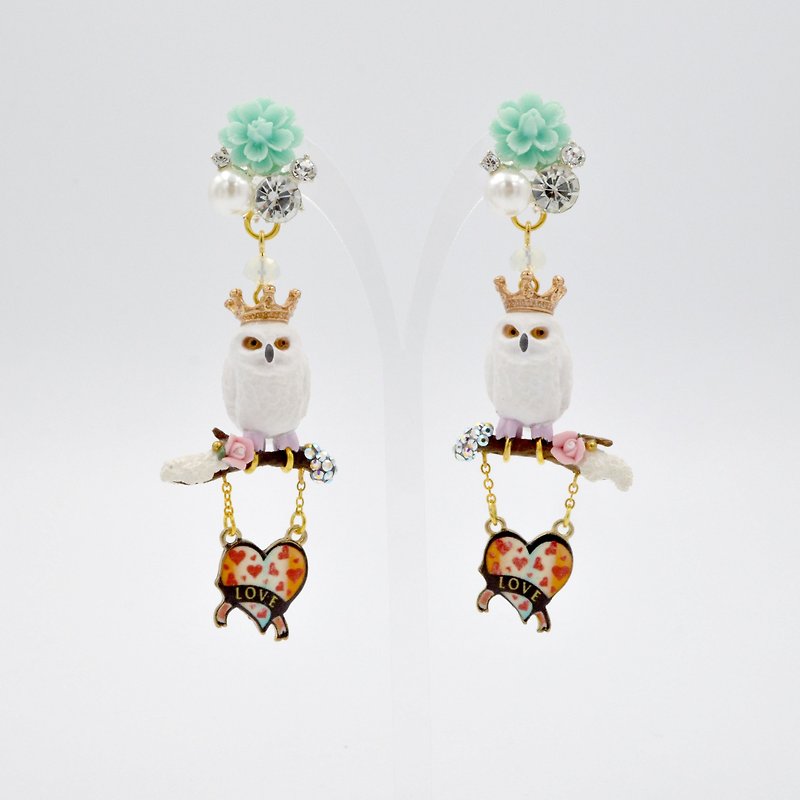 TIMBEE LO handmade owl country style house decoration style earrings - Earrings & Clip-ons - Other Metals White