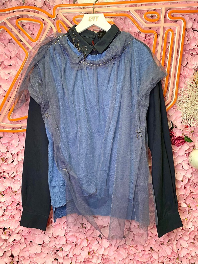 OTT Unique•Unique Japanese gray purple blue faux two piece knitted shirt mesh top - เสื้อผู้หญิง - ผ้าฝ้าย/ผ้าลินิน สีม่วง
