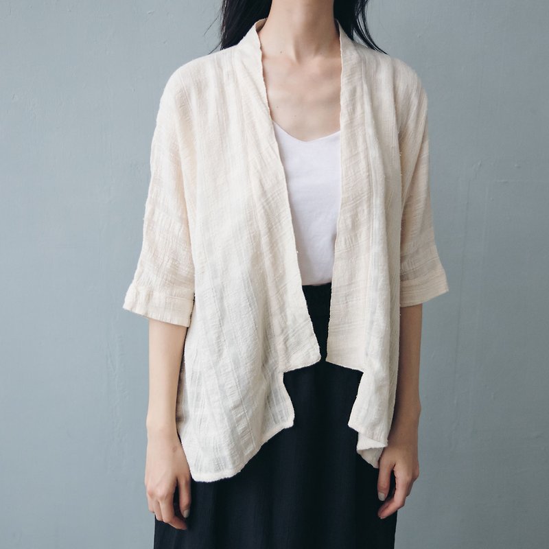 和服罩衫 - 米 - 女大衣/外套 - 棉．麻 白色