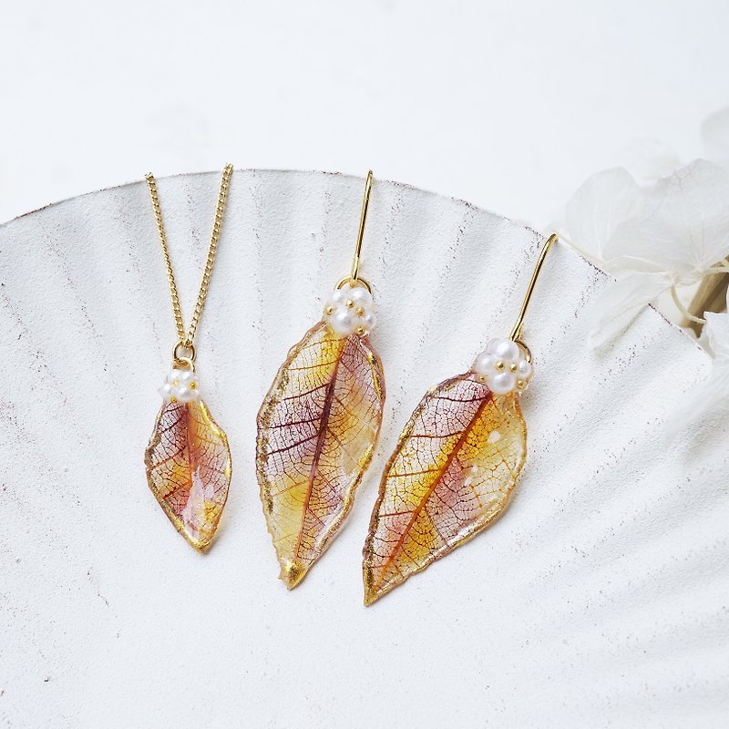 Real Leaf/Mini Real Leaf jewelry set - ต่างหู - พืช/ดอกไม้ สีนำ้ตาล