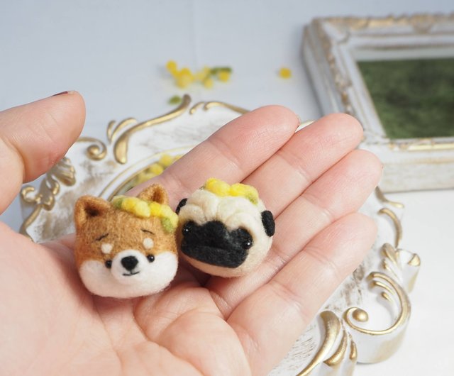 Mimosa flower crown and Mayu Pug brooch (fawn and black) wool felt