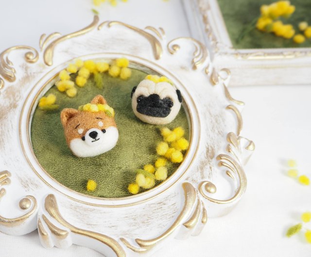 Mimosa flower crown and Mayu Pug brooch (fawn and black) wool felt