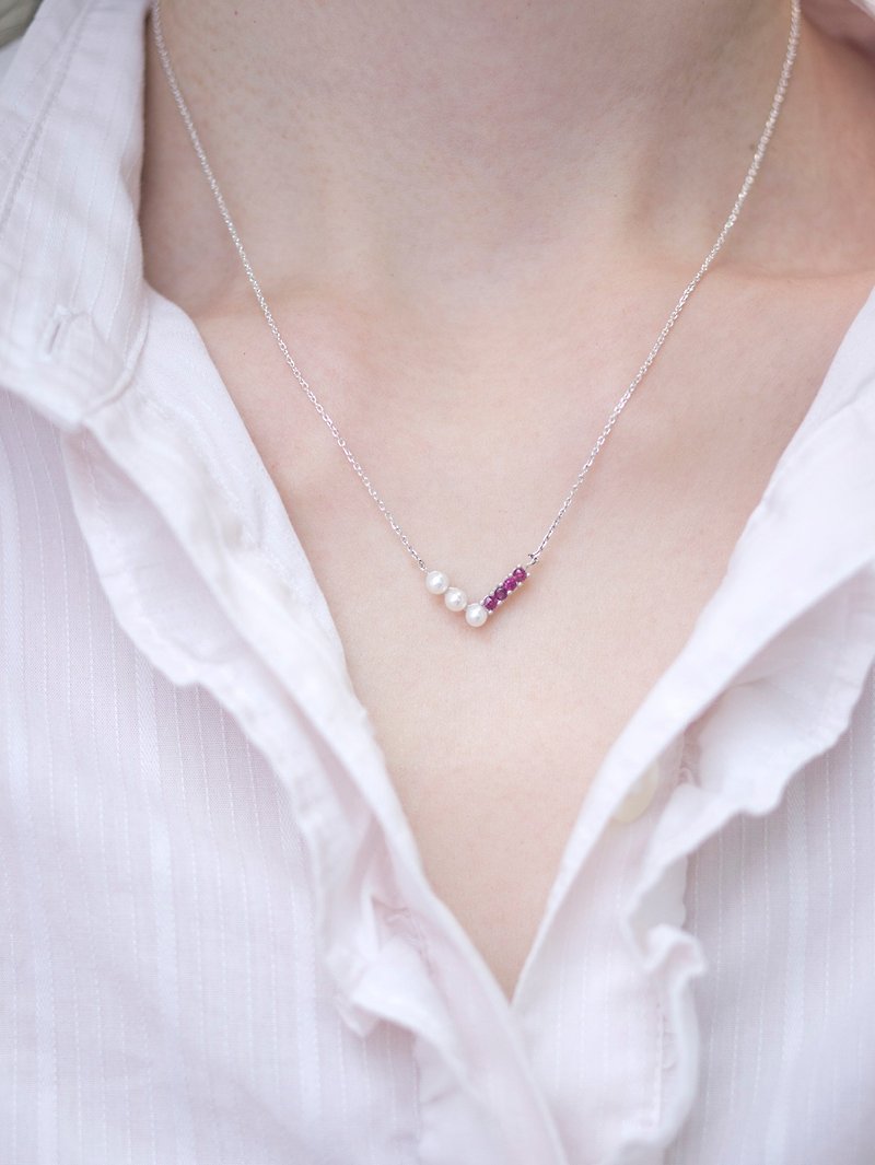 V系列 輕珠寶  天然珍珠紅寶項鍊 手作925純銀 Pearl Ruby - 項鍊 - 寶石 紅色