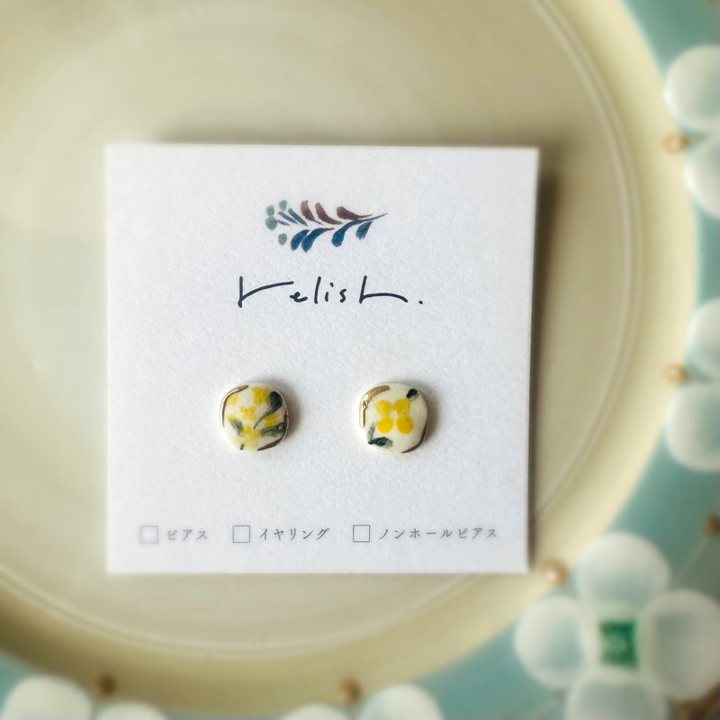 【再販】金合歡 繪製 陶器 金繼 耳針 耳夾 無耳洞耳夾 花 4月誕生花 花朵 黃色 黃金 金 綠色 綠色 小巧 迷你 - 耳環/耳夾/耳骨夾 - 陶 黃色