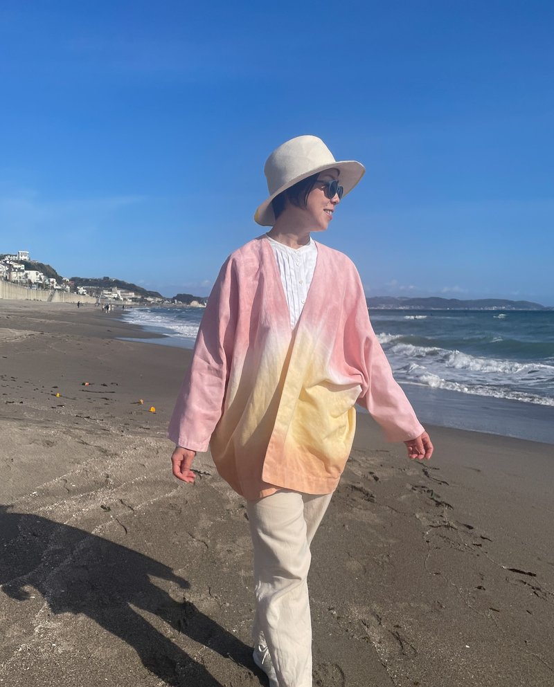 日本製 手染め Tropical Haori jacket ゆったり身幅さらっとした着心地　泥染のリトアニアリネン羽織りカーディガン Relax - 女上衣/長袖上衣 - 棉．麻 粉紅色