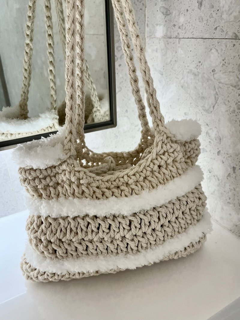 Cami handmade wool knitting hemp thread hand-made small tote bag - Handbags & Totes - Cotton & Hemp Khaki