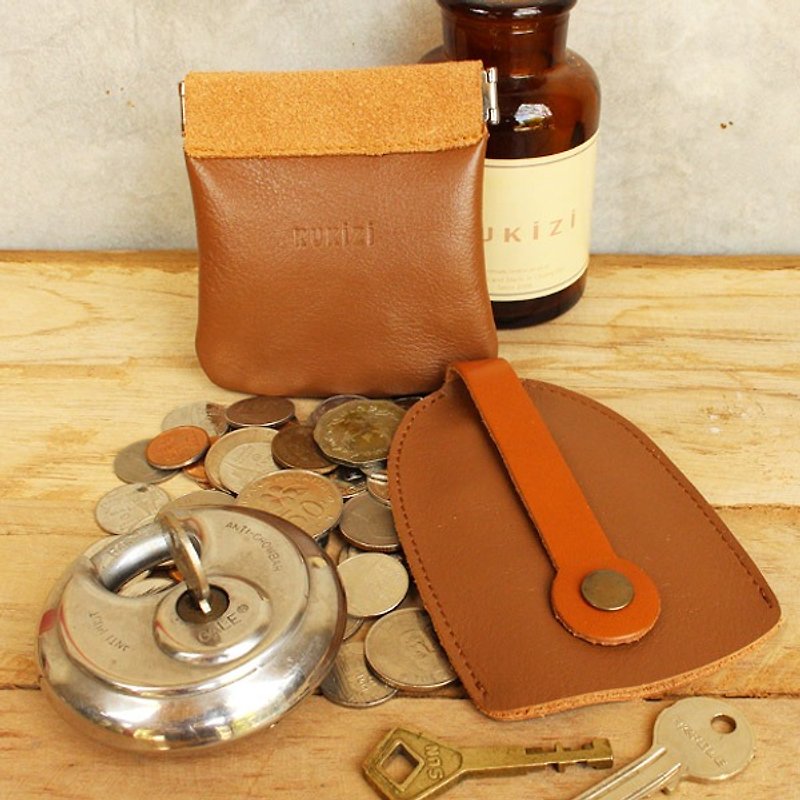 Set of Coin Bag & Key Case - Tan + Tan Strap / Cow Leather / Coin Purse - กระเป๋าใส่เหรียญ - หนังแท้ 