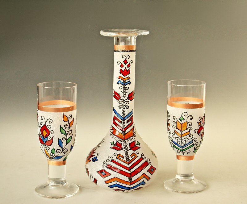Aperitif Glasses and a Bottle, Sake Drink set, Decanter, Folk Art, Hand Painted - แก้วไวน์ - แก้ว หลากหลายสี