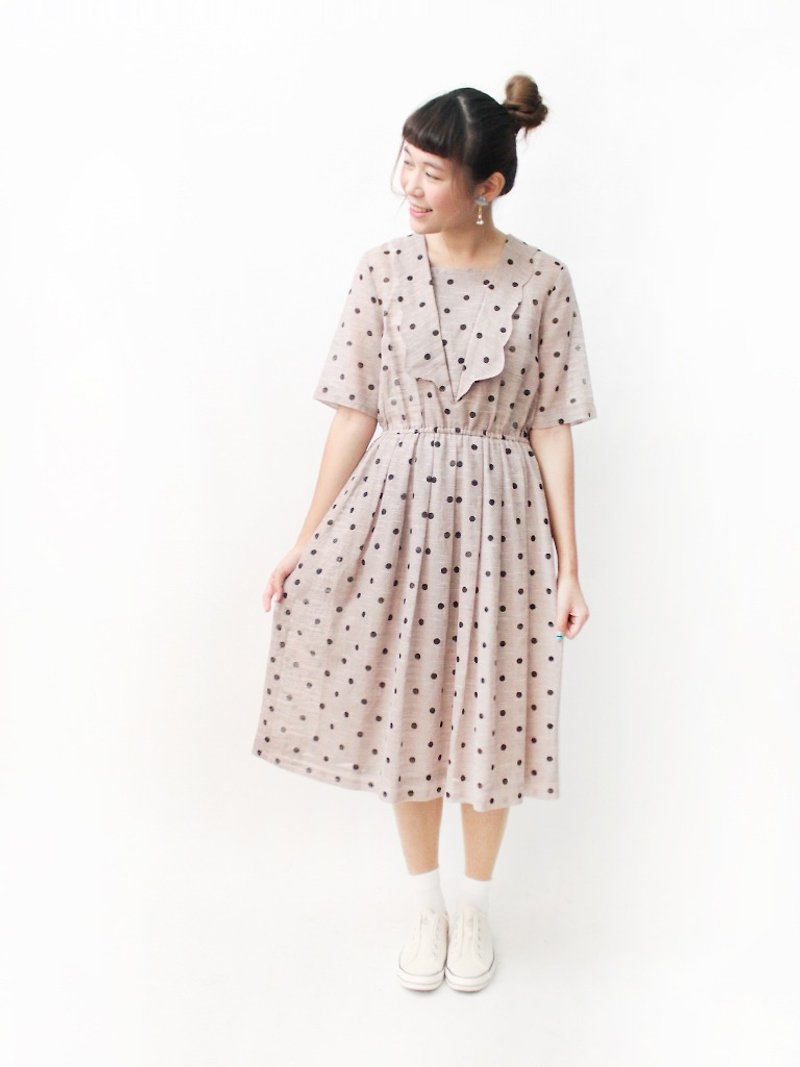 【RE1004D1410】 early autumn Japanese-made complex dots color cocoa color short-sleeved ancient dress - One Piece Dresses - Polyester Pink